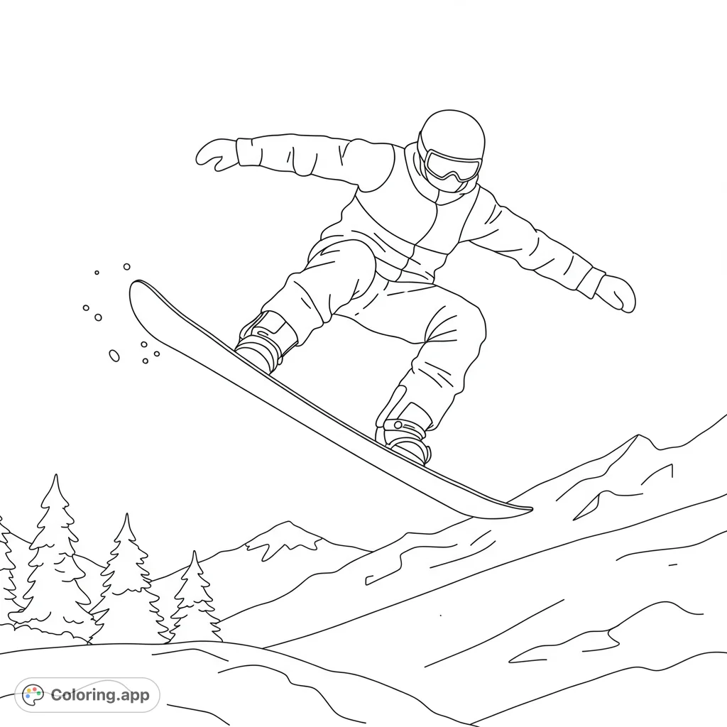 Dynamic snowboarder mid-jump over snowy mountains with pine trees. A thrilling winter sports scene for coloring fun, perfect for all ages.