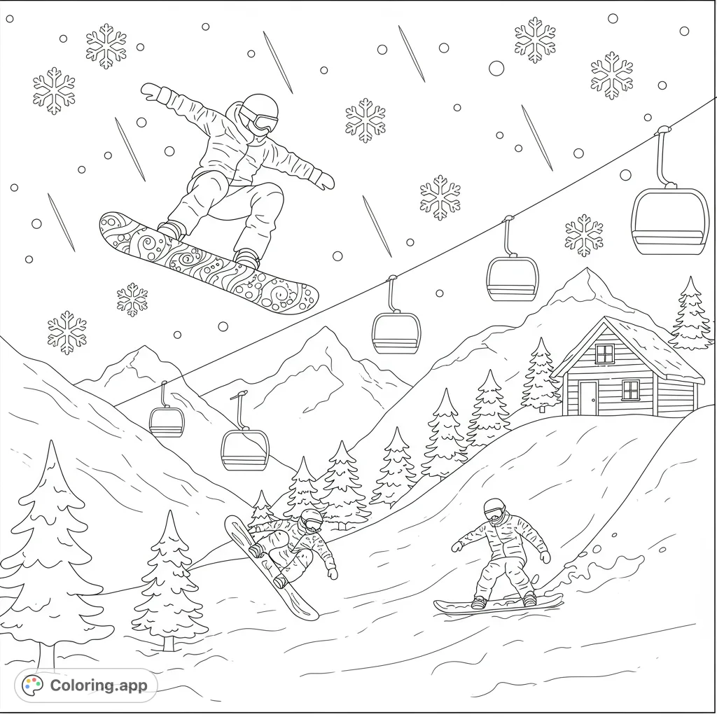 A thrilling snowboarding coloring page featuring a snowboarder mid-air, others on slopes, mountains, ski lifts, and a cozy lodge. Perfect for winter sports fans!