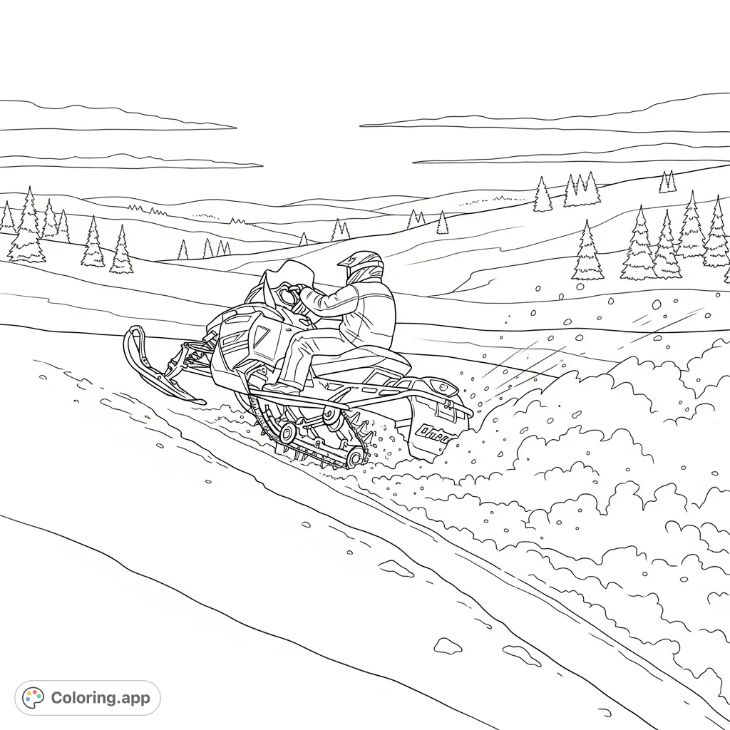 An action-packed snowmobile coloring page depicting a powerful machine mid-drift through deep, pristine snow, with a rider and dynamic snow spray.