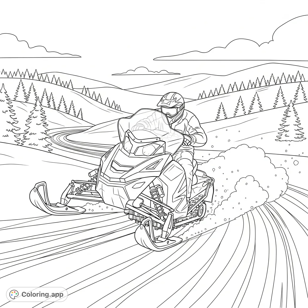 An action-packed coloring page featuring a snowmobile carving a tight turn on a snowy track, with skis angled sharply and minimal snow arcs.