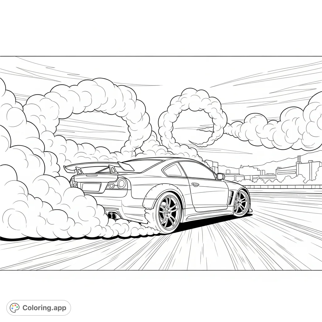 A powerful street racing car performs a dynamic 'donut' maneuver, generating an impressive cloud of soft, swirling smoke around its sleek form.