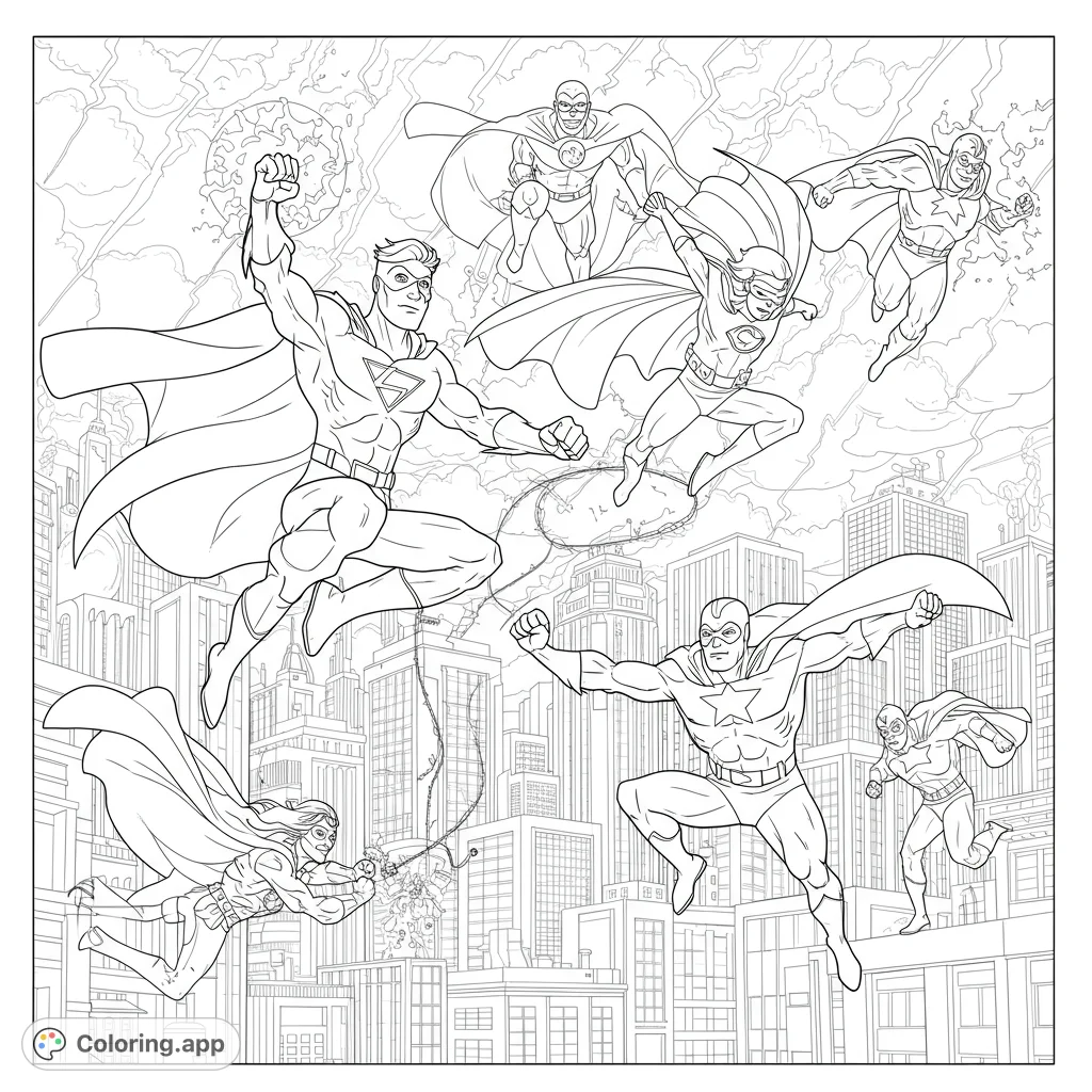 Unleash your creativity with this action-packed superhero cityscape coloring page! Featuring a team of heroes soaring above detailed buildings, ready for an epic battle.