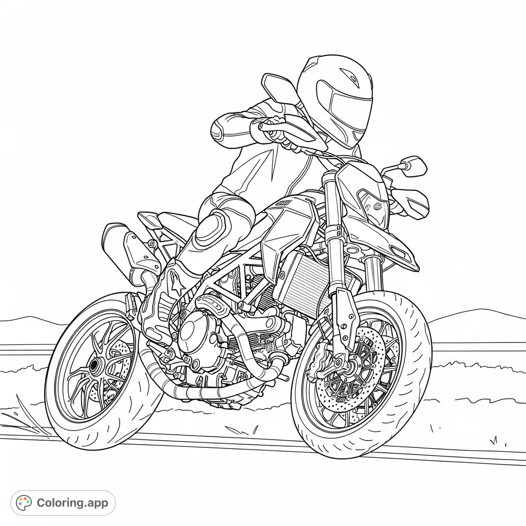 Experience the thrill of supermoto action! This coloring page features a sleek, Hypermotard-style bike leaned aggressively into a turn on a simple road.