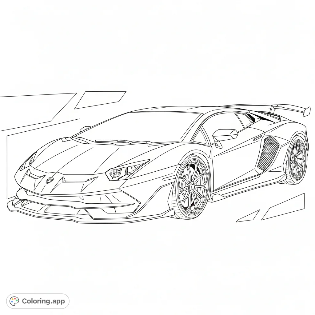 Color a detailed, SVJ-inspired sports car with aggressive aerodynamics. Features prominent rear wing, sharp lines, and dynamic presentation.