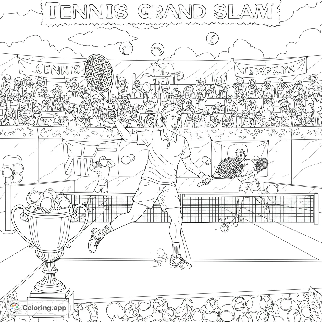 Experience the thrill of a tennis grand slam! A dynamic player on court, cheering crowd, and a championship trophy await your colors.