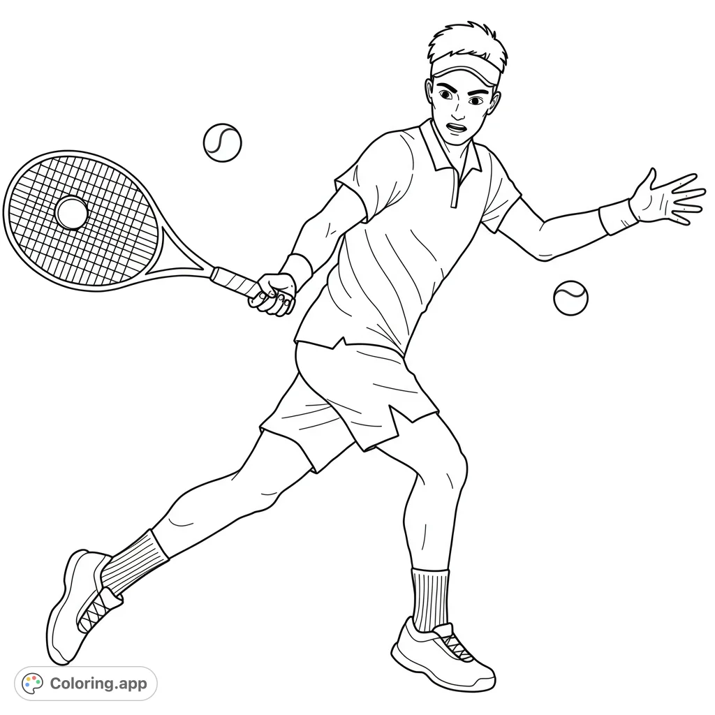 Dynamic tennis player in action, ready to strike the ball. A free printable sports coloring page for all ages, perfect for active minds.