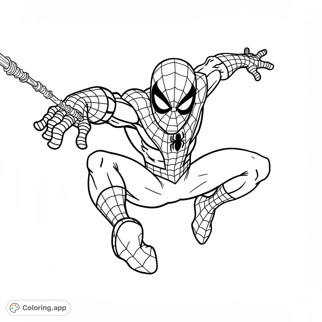 Iconic Spider-Man in a dynamic web-slinging pose, ready for action. Intricate web patterns and classic hero details await your colors.