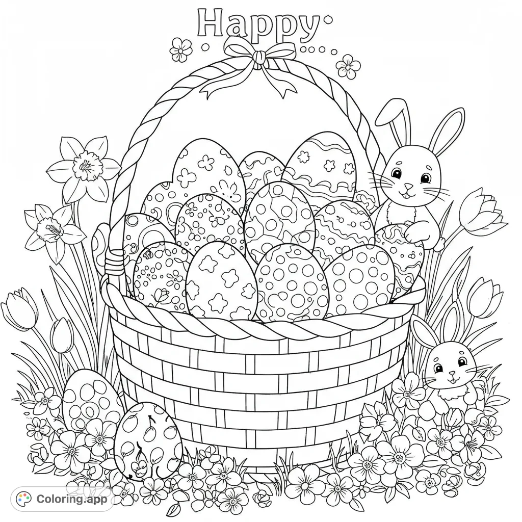 A delightful Easter basket overflowing with patterned eggs, surrounded by playful bunnies and blooming spring flowers. A free printable Easter coloring page!
