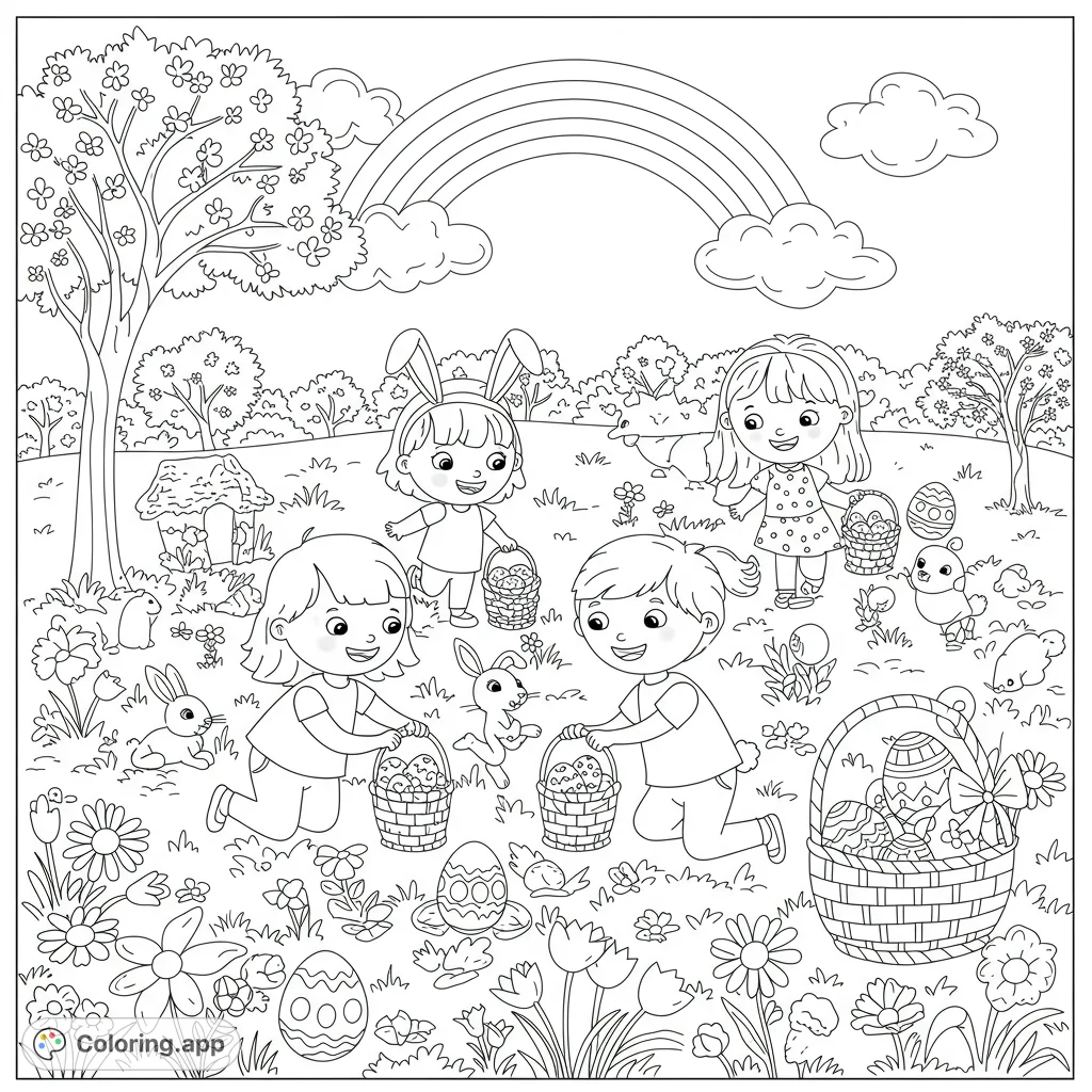 Joyful Easter egg hunt scene with children, bunnies, colorful eggs, and a rainbow. A delightful free printable coloring page for kids.