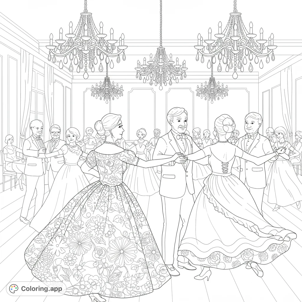 Step into a grand ballroom with elegant couples dancing under sparkling chandeliers. A detailed vintage dance scene perfect for a sophisticated coloring experience.