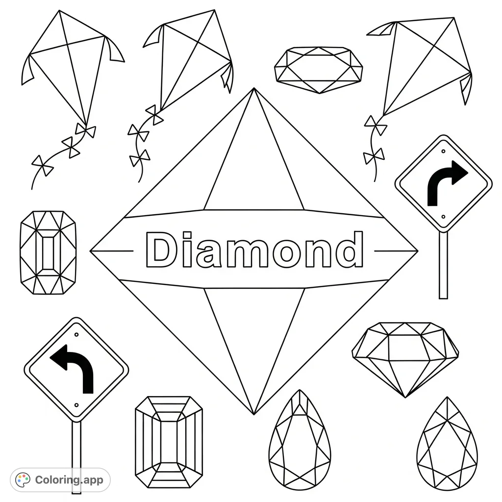 Discover the geometric beauty of a central diamond shape, surrounded by kites, road signs, and faceted gems, perfect for a diamond coloring page.