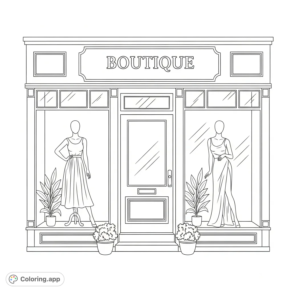 A charming coloring page featuring a detailed fashion boutique storefront. Two simple mannequins pose in the display window with elegant signage above.