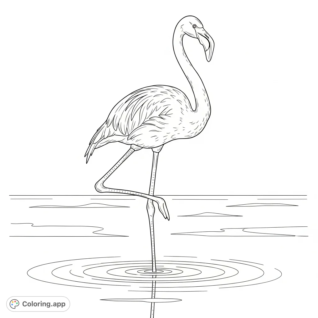 A graceful flamingo stands on one leg in shallow water, its elegant form reflected in simple arcs below. Perfect for a serene coloring experience.