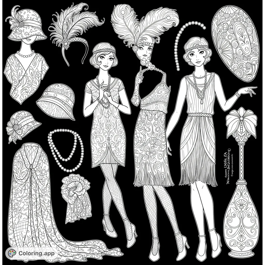 Step back to the Roaring Twenties with this elegant flapper fashion coloring page, featuring stylish women and intricate Art Deco accessories.