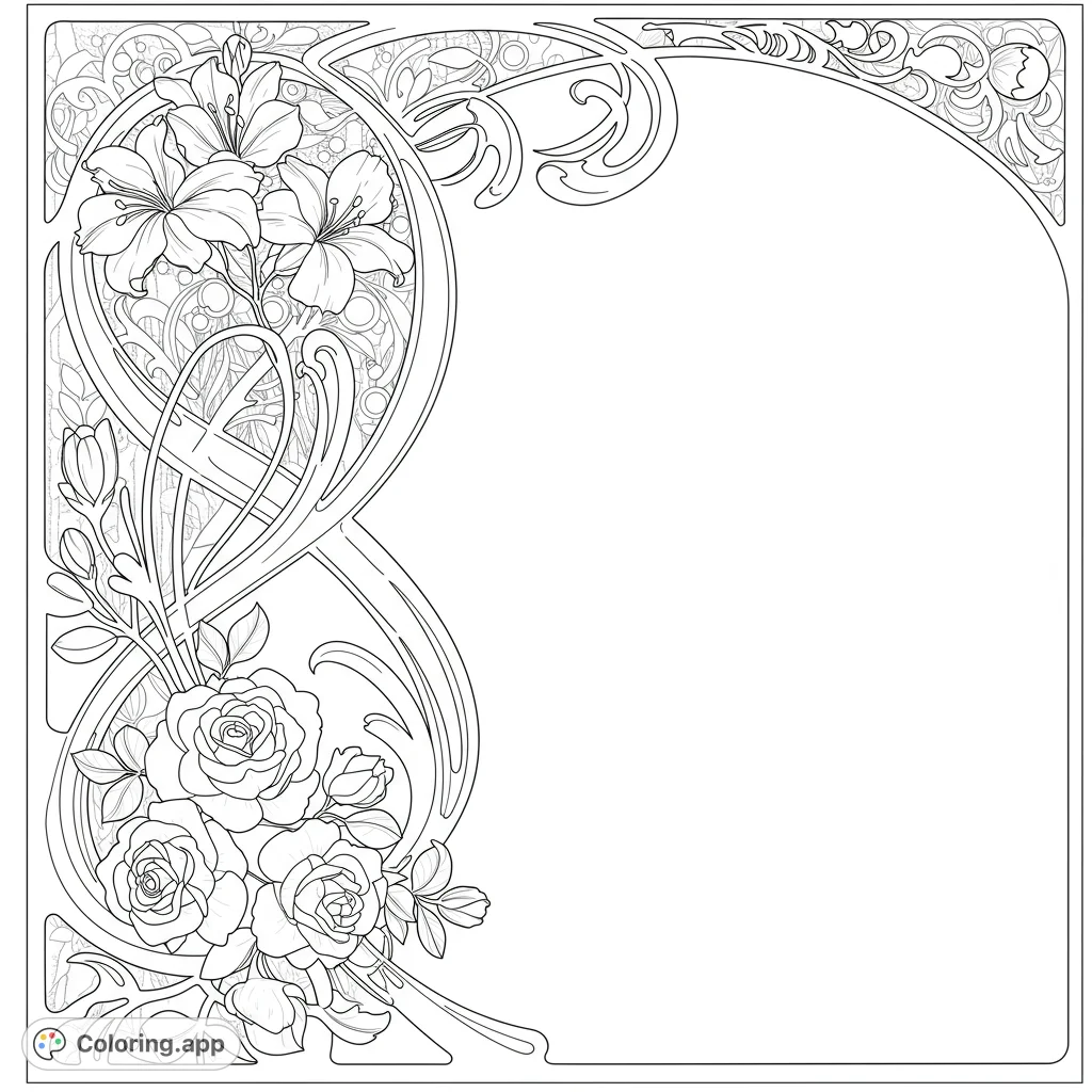 An elegant Art Nouveau floral frame featuring lilies and roses, perfect for a free printable coloring page with intricate details.