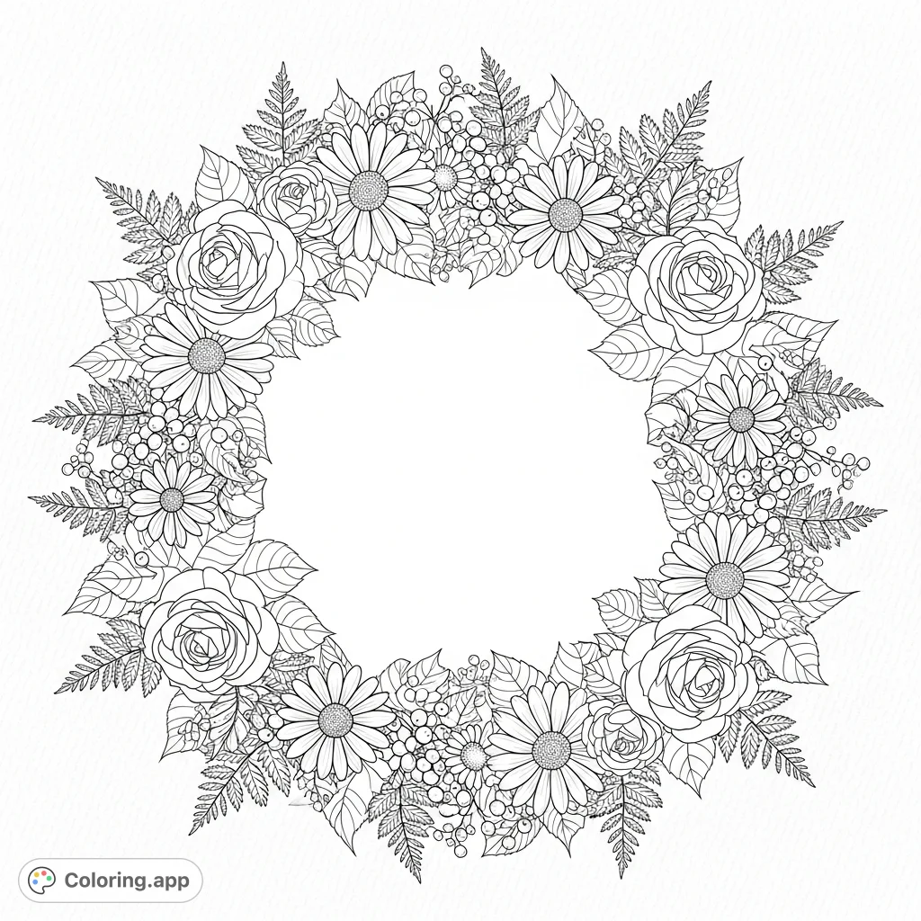 A beautiful floral wreath coloring page featuring a circular arrangement of diverse flowers, leaves, and berries, perfect for mindful coloring.
