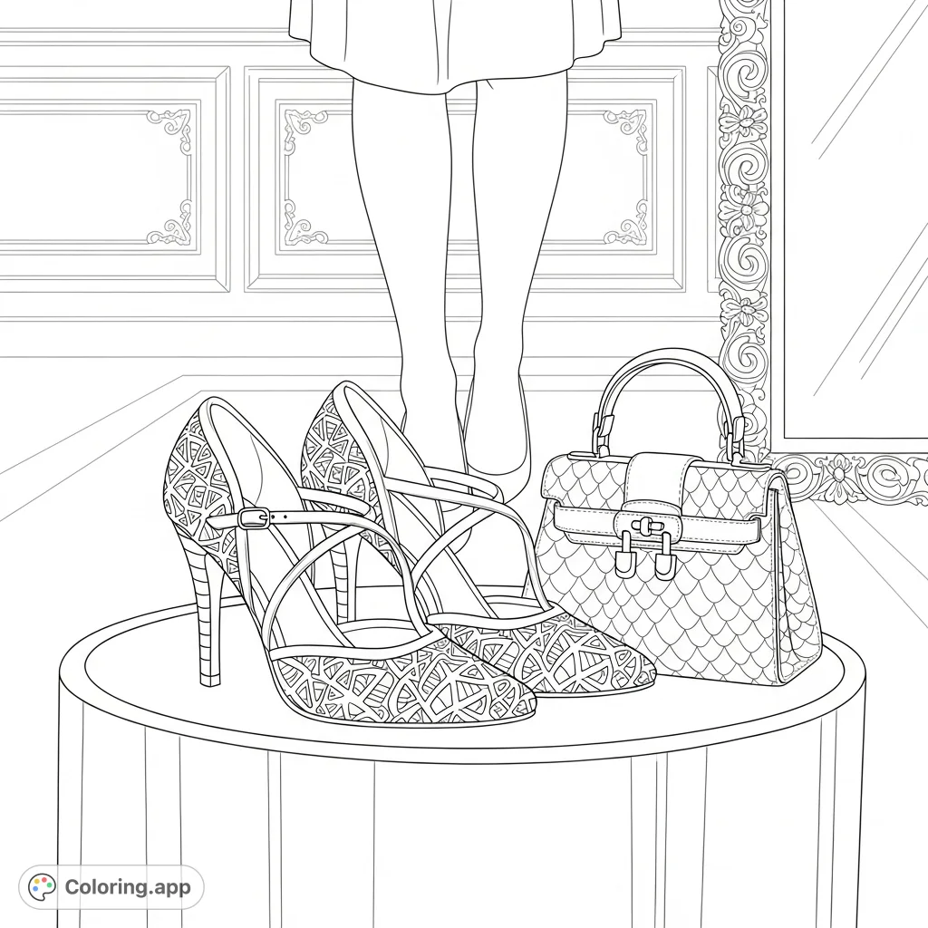 Discover a luxurious fashion accessories coloring page featuring intricately designed high-heeled shoes and a delicate handbag on a polished pedestal in a chic dressing room.
