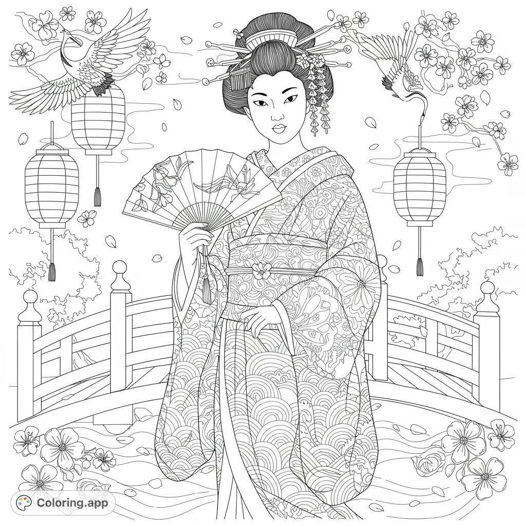 An elegant Japanese woman in a detailed kimono holds a fan on a bridge, surrounded by cherry blossoms, cranes, and lanterns. A beautiful cultural scene.