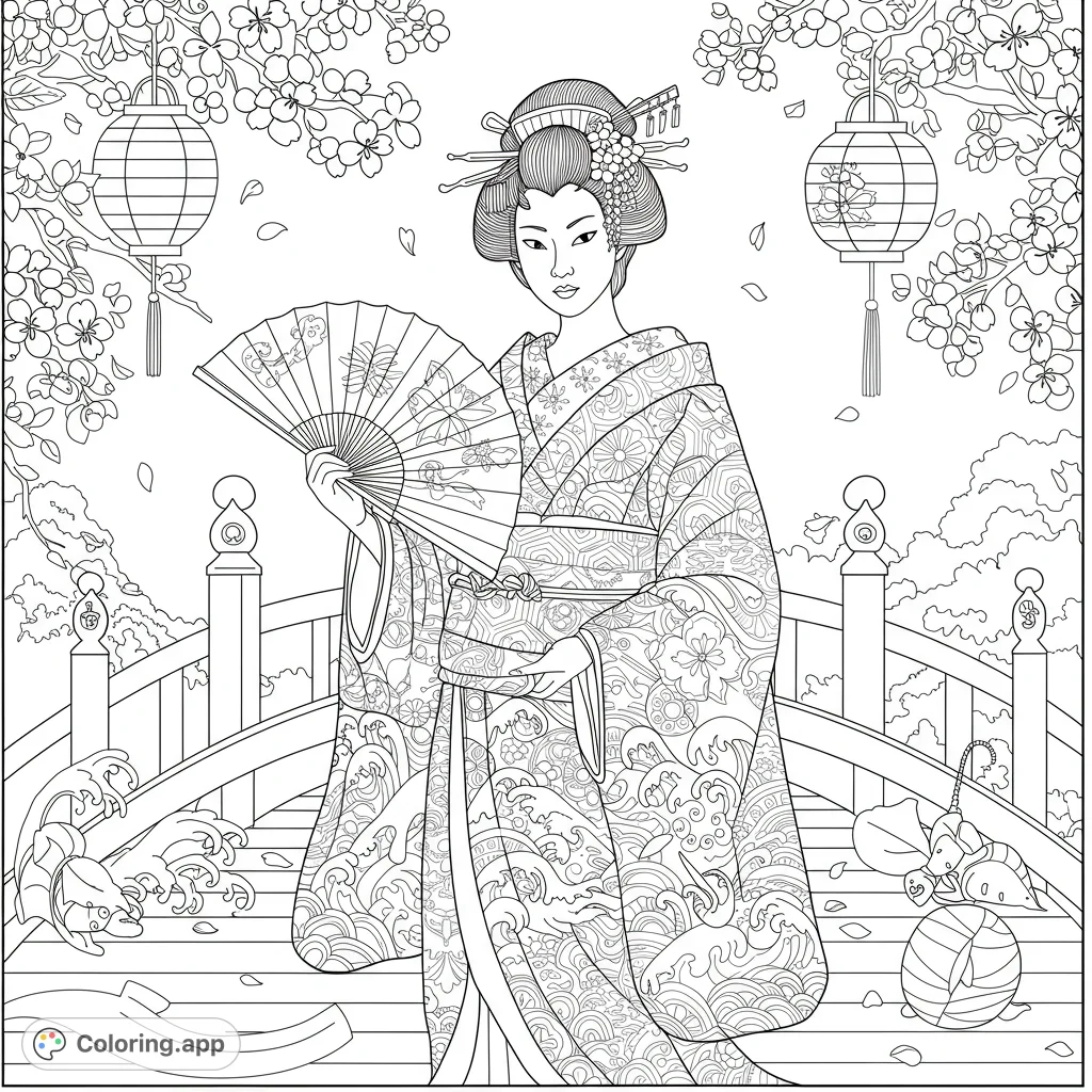 An elegant Japanese woman in a detailed kimono holds a fan on a bridge, surrounded by cherry blossoms and lanterns. A beautiful Japanese culture coloring page.