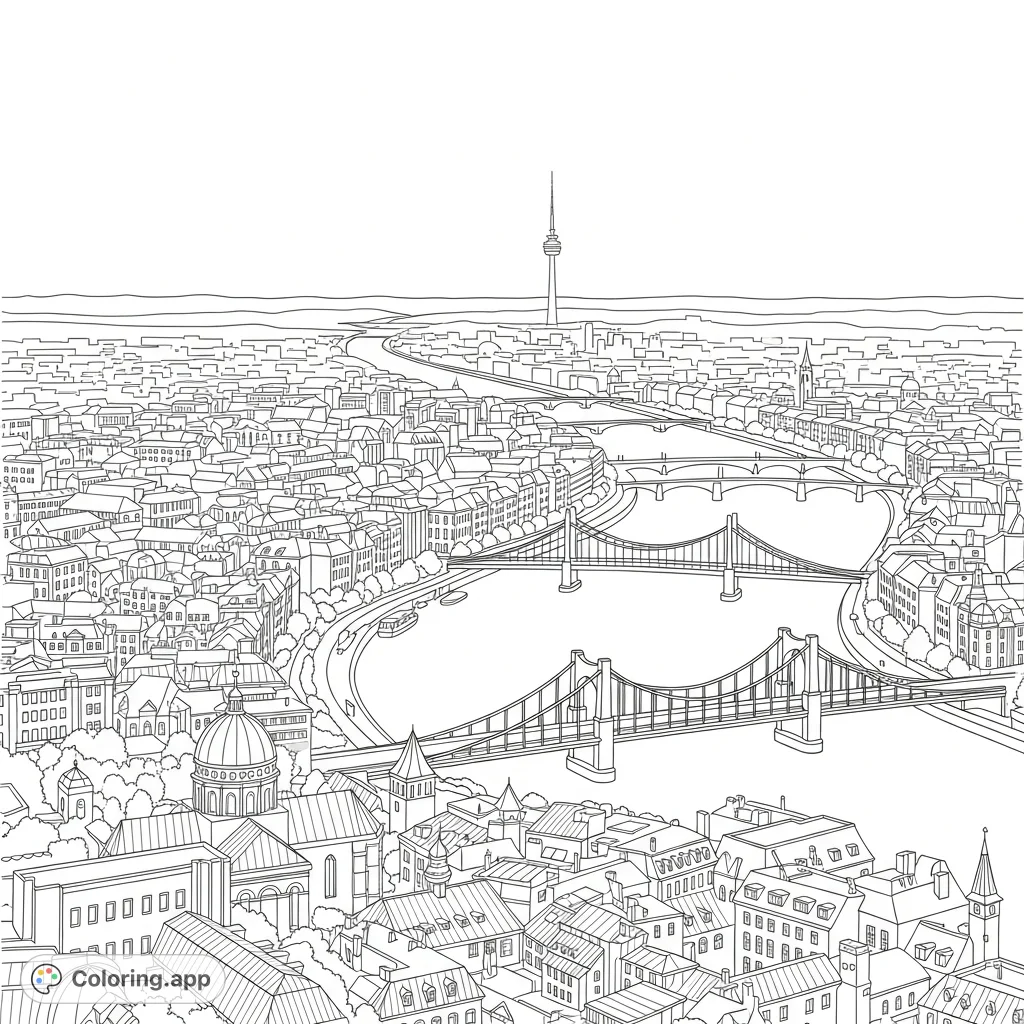 Explore a majestic panoramic cityscape featuring a winding river, elegant bridges, diverse rooftops, and a distant tower silhouette in a captivating urban scene.