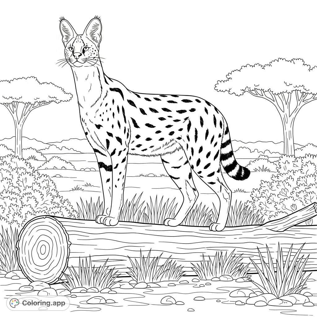 Color a graceful serval perched on a fallen log, showcasing its distinctive long neck, elegant body, and large ears amidst a natural savanna landscape.