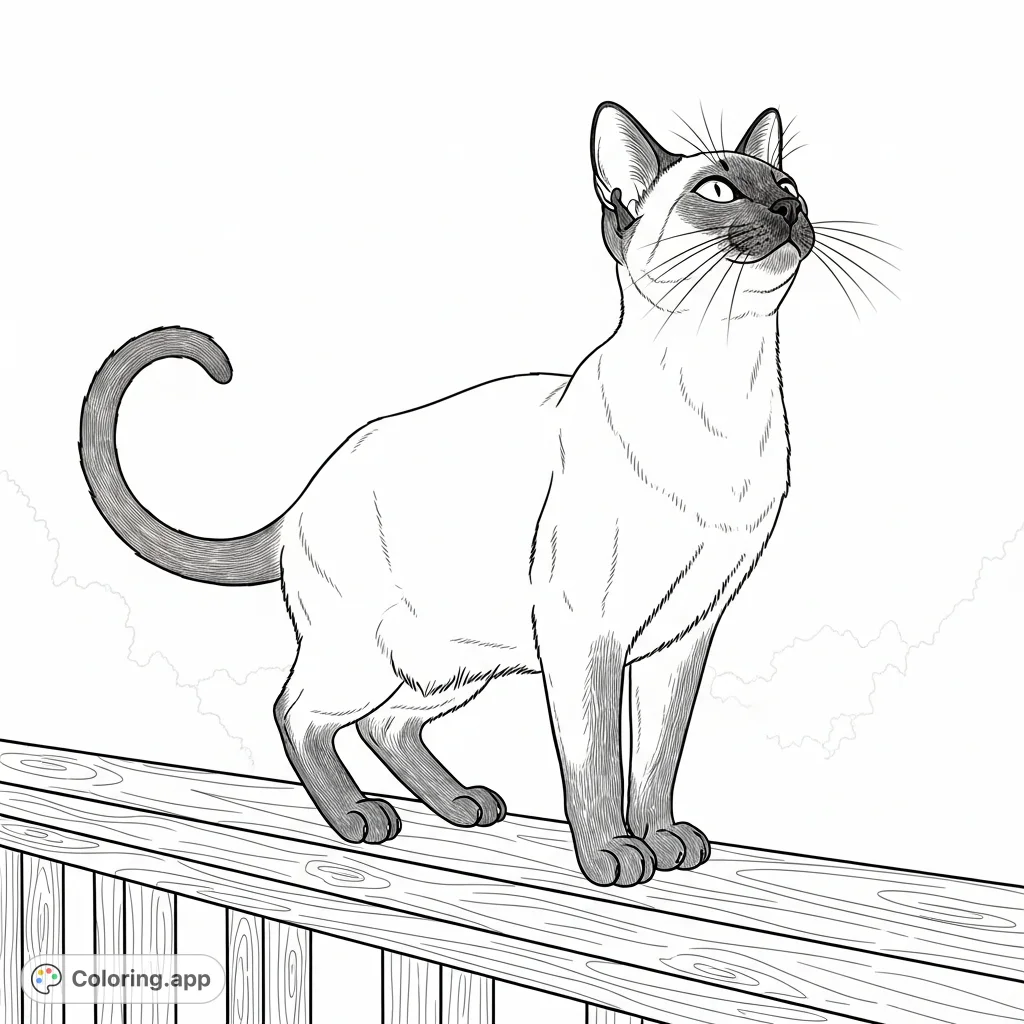An elegant Siamese cat, with its distinctive mask and pointed ears, sits gracefully on a wooden railing against a soft, open background, inviting detailed coloring.