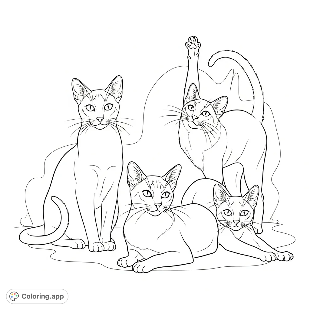 A delightful coloring page featuring three Siamese cats in various charming poses. Perfect for cat lovers seeking a relaxing and detailed creative escape.