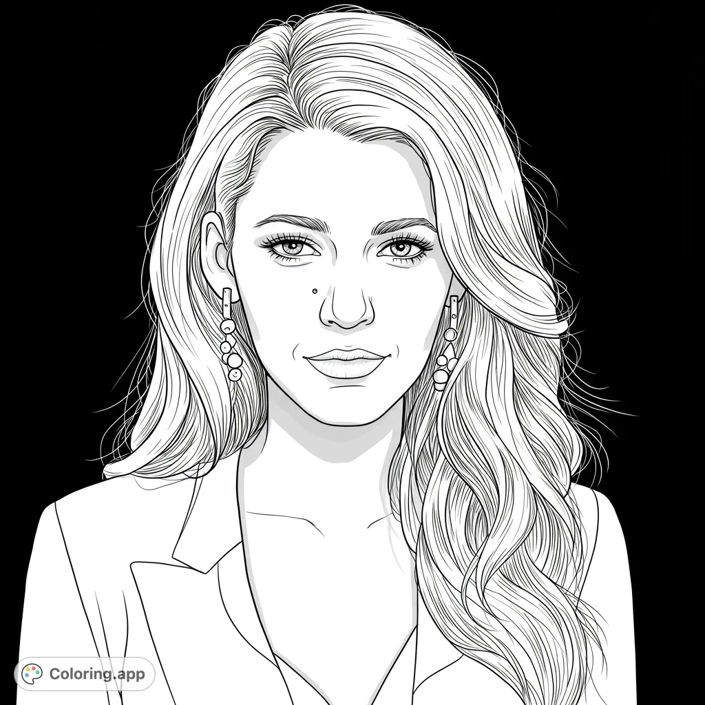 An elegant woman's portrait with flowing hair and detailed features, perfect for a relaxing coloring experience. A free printable coloring page for adults.