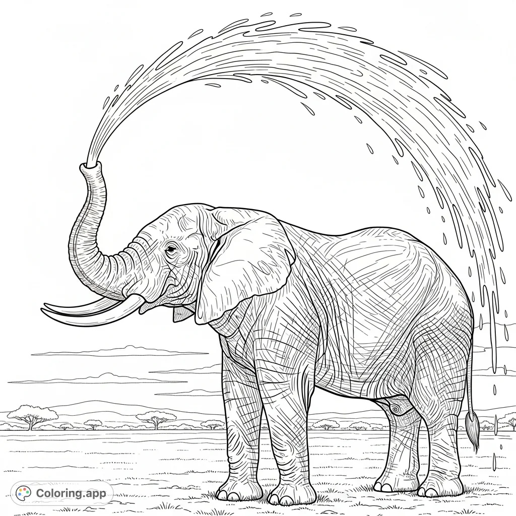 Color a majestic elephant happily spraying water from its trunk on a grassy savanna. A delightful scene for all ages to bring to life!
