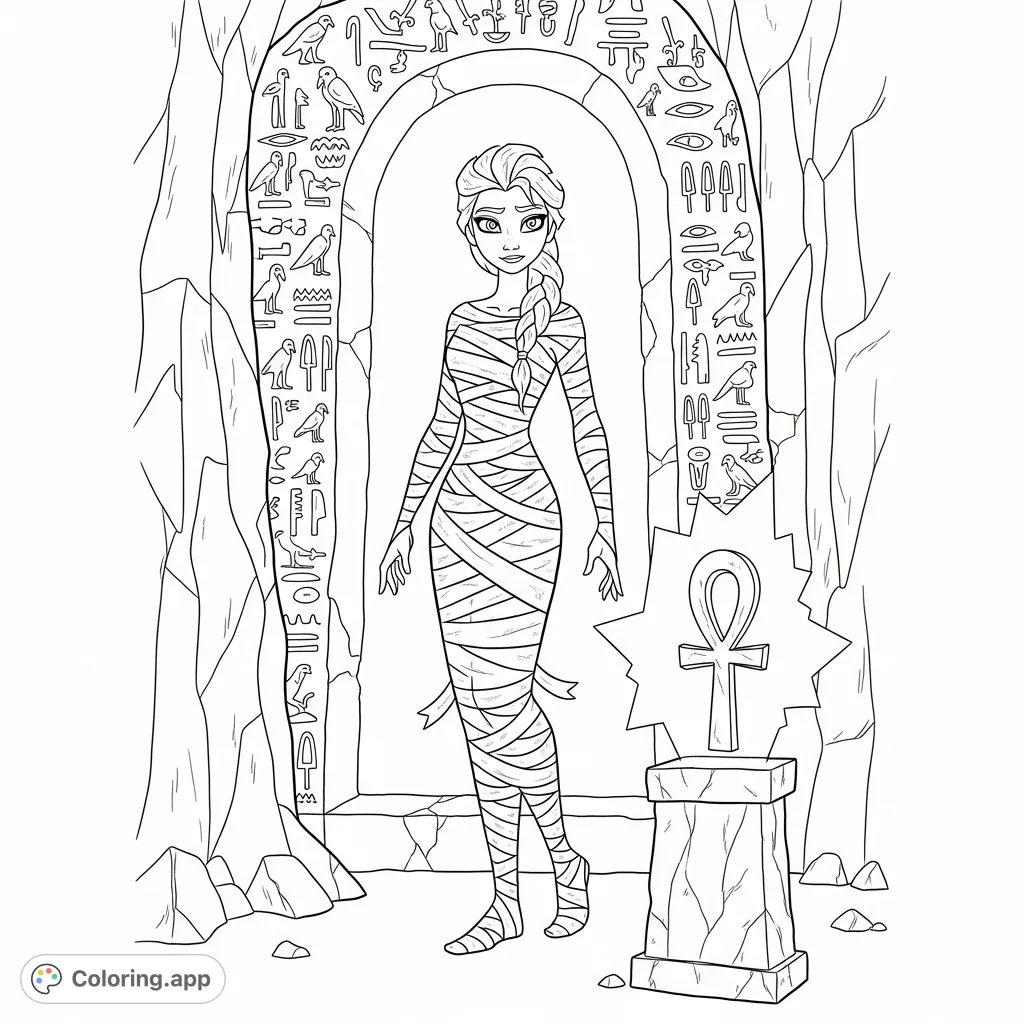 An elegant Elsa as a frosty mummy, wrapped in ice-encrusted bandages, stands in an ancient, ice-covered tomb with hieroglyphs and a glowing ice ankh.