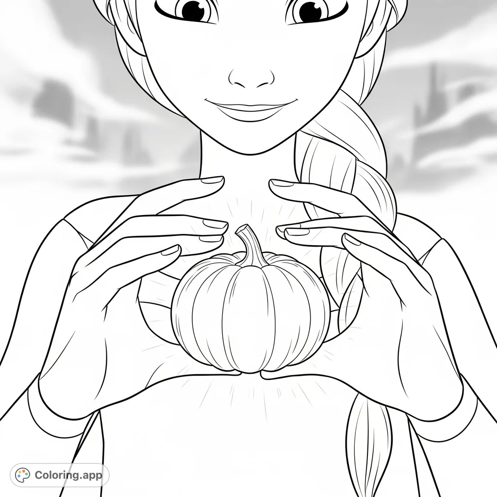 Witness Elsa's magic as she crafts a delicate ice pumpkin, her serene face illuminated by its soft glow. A captivating scene for fantasy fans.