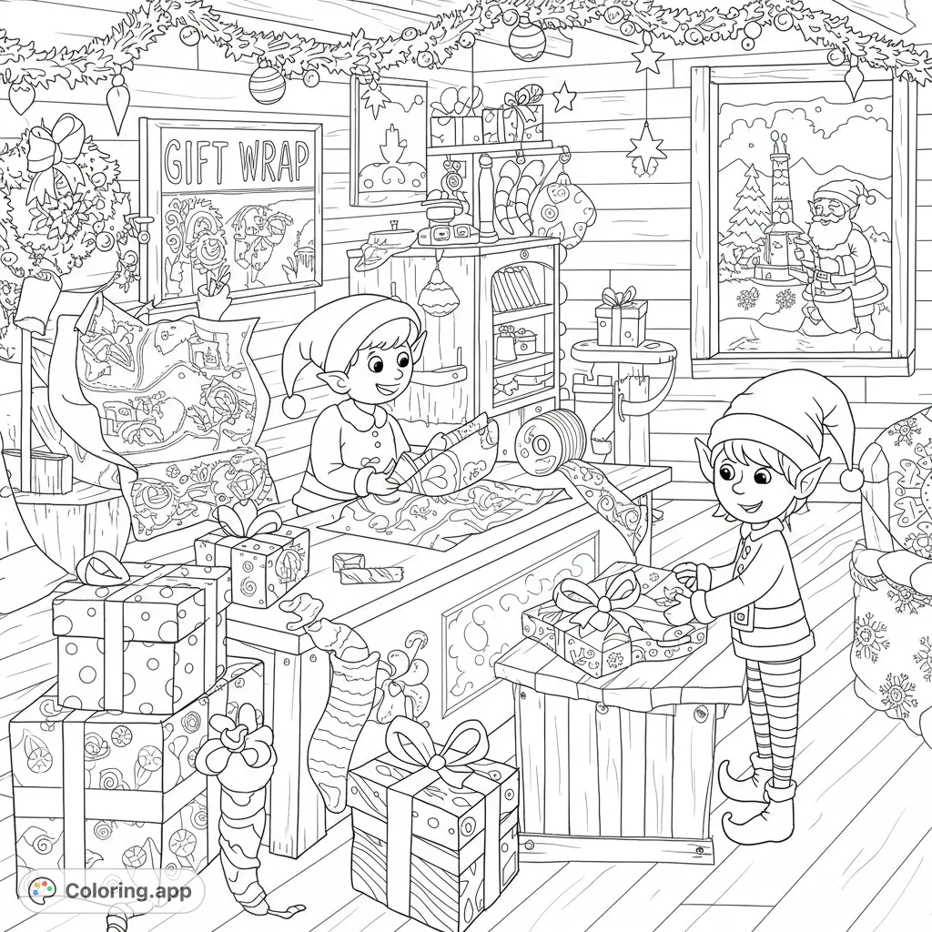 Dive into the festive chaos of Santa's workshop! Two cheerful elves are busy wrapping presents amidst stacks of gifts and holiday decorations.