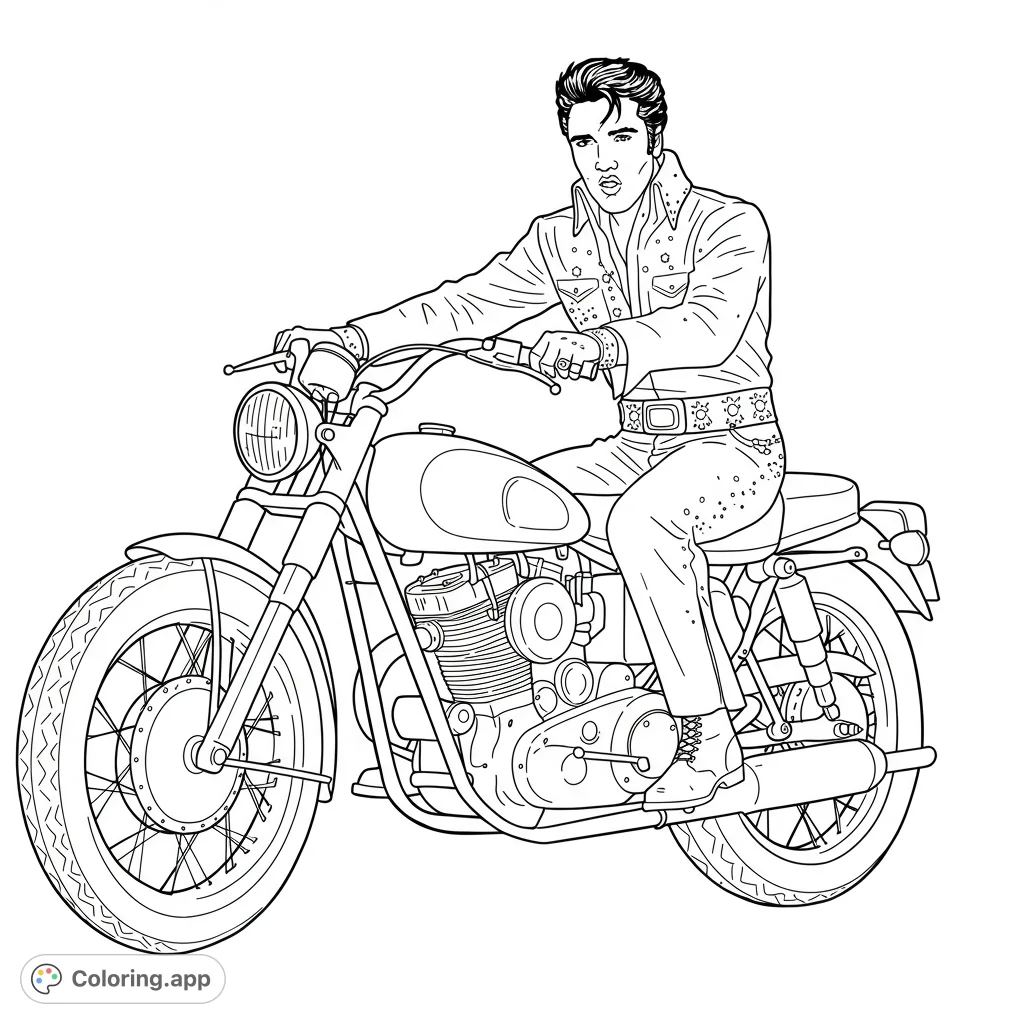 Iconic Elvis Presley on a classic motorcycle, a free printable rock and roll coloring page. Perfect for music fans and vintage vehicle enthusiasts.
