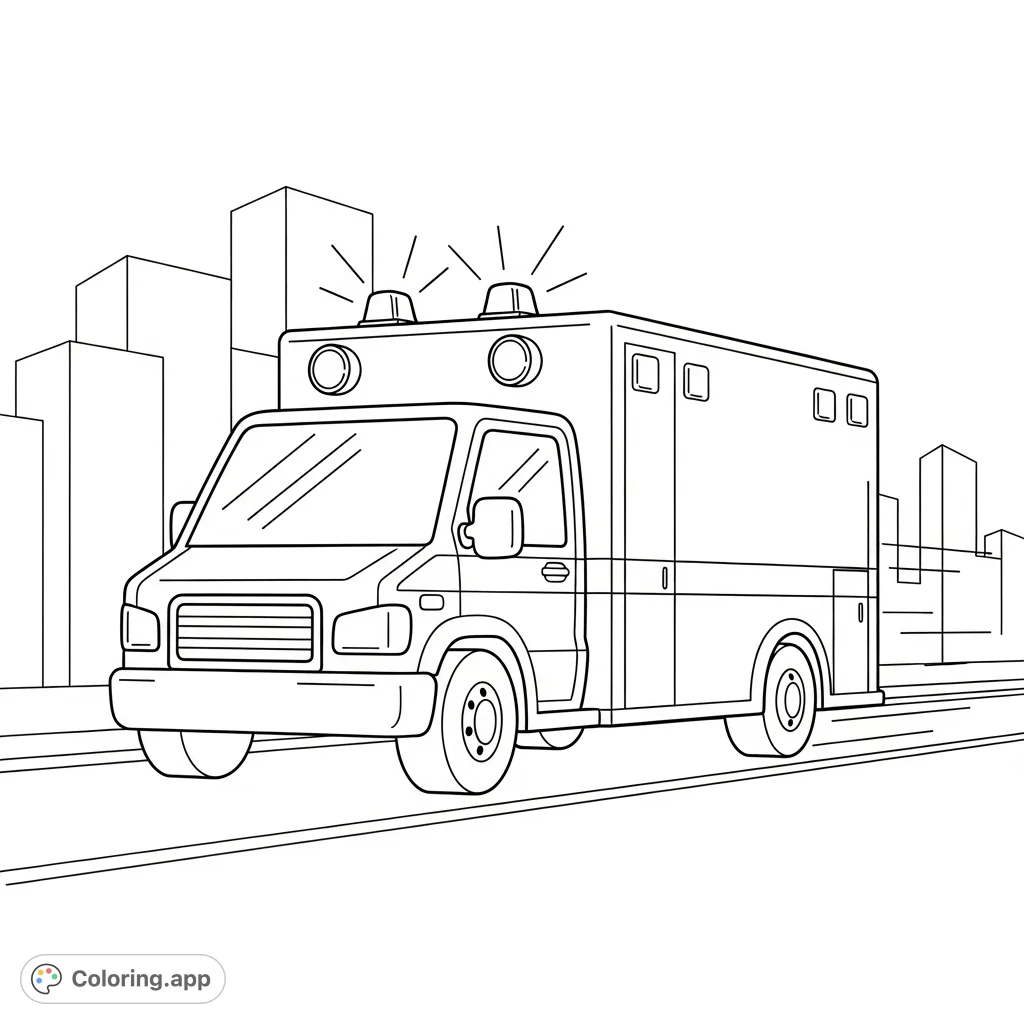 A dynamic coloring page featuring a rescue ambulance speeding down a street with lights flashing, set against a backdrop of simple city buildings.