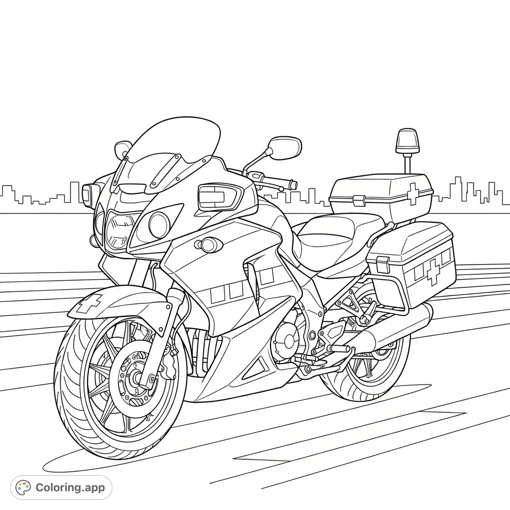 A generic rapid-response motorcycle with simple emergency markings, set on an open road with a distant city skyline. Perfect for aspiring heroes and vehicle enthusiasts.