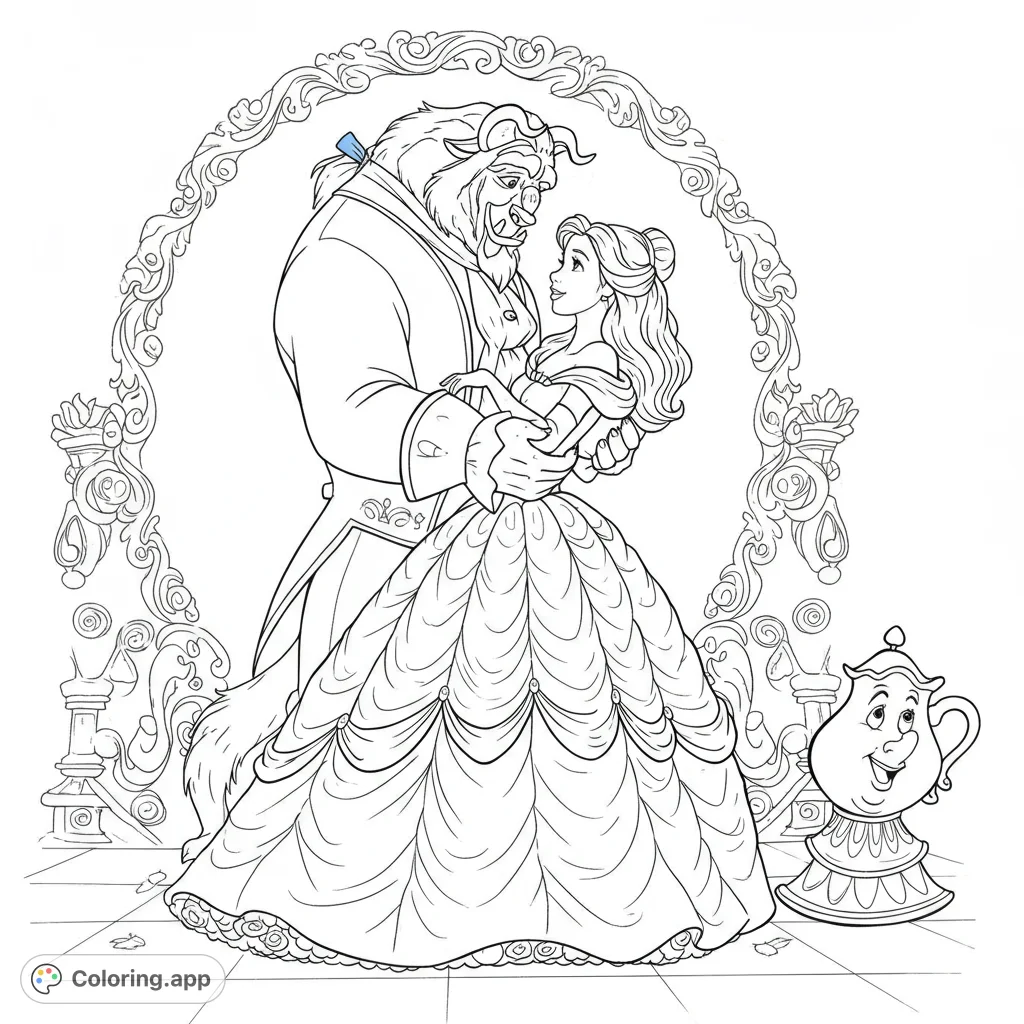 Experience the magic of a fairy tale romance with this enchanting ballroom dance coloring page, featuring beloved characters and intricate details.