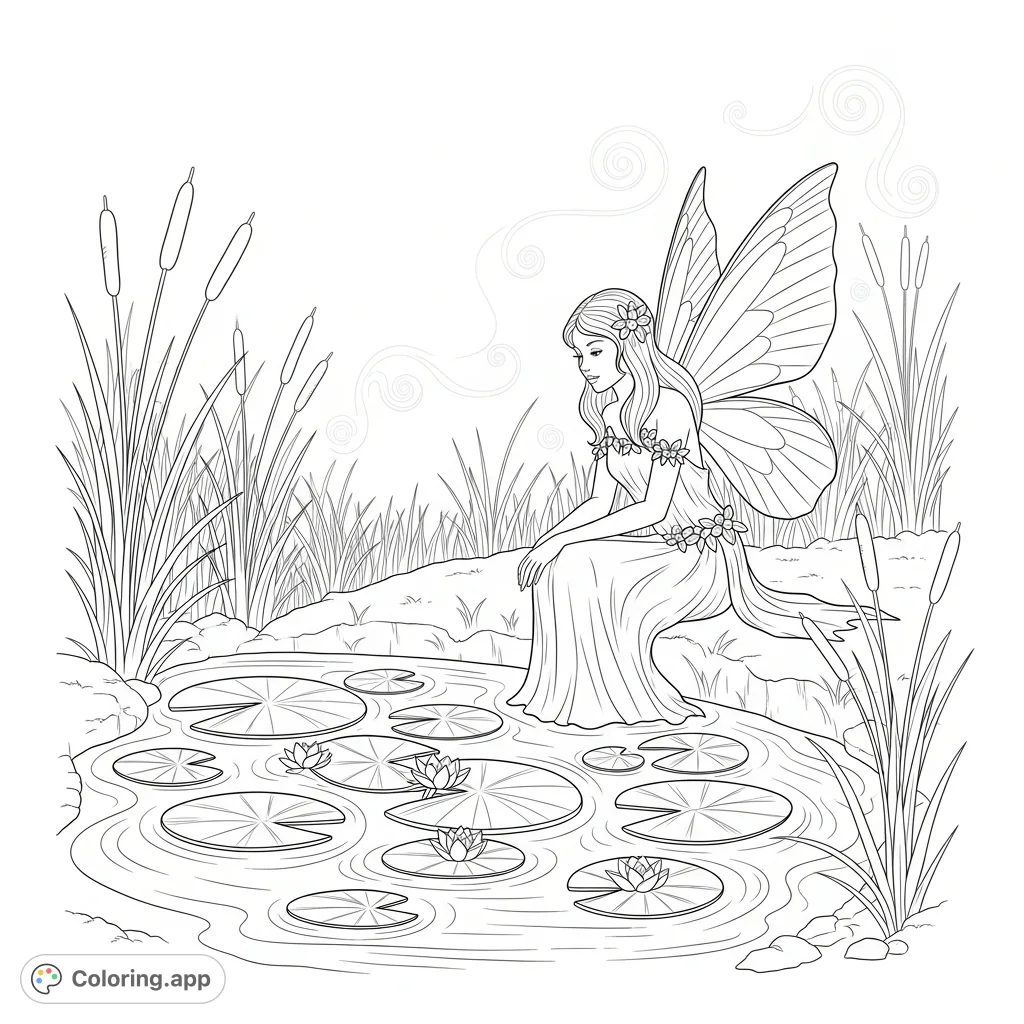 A serene fairy rests by a mystical pond adorned with lily pads and delicate blossoms. Surrounded by reeds, her unfurled wings suggest a moment of tranquil magic.