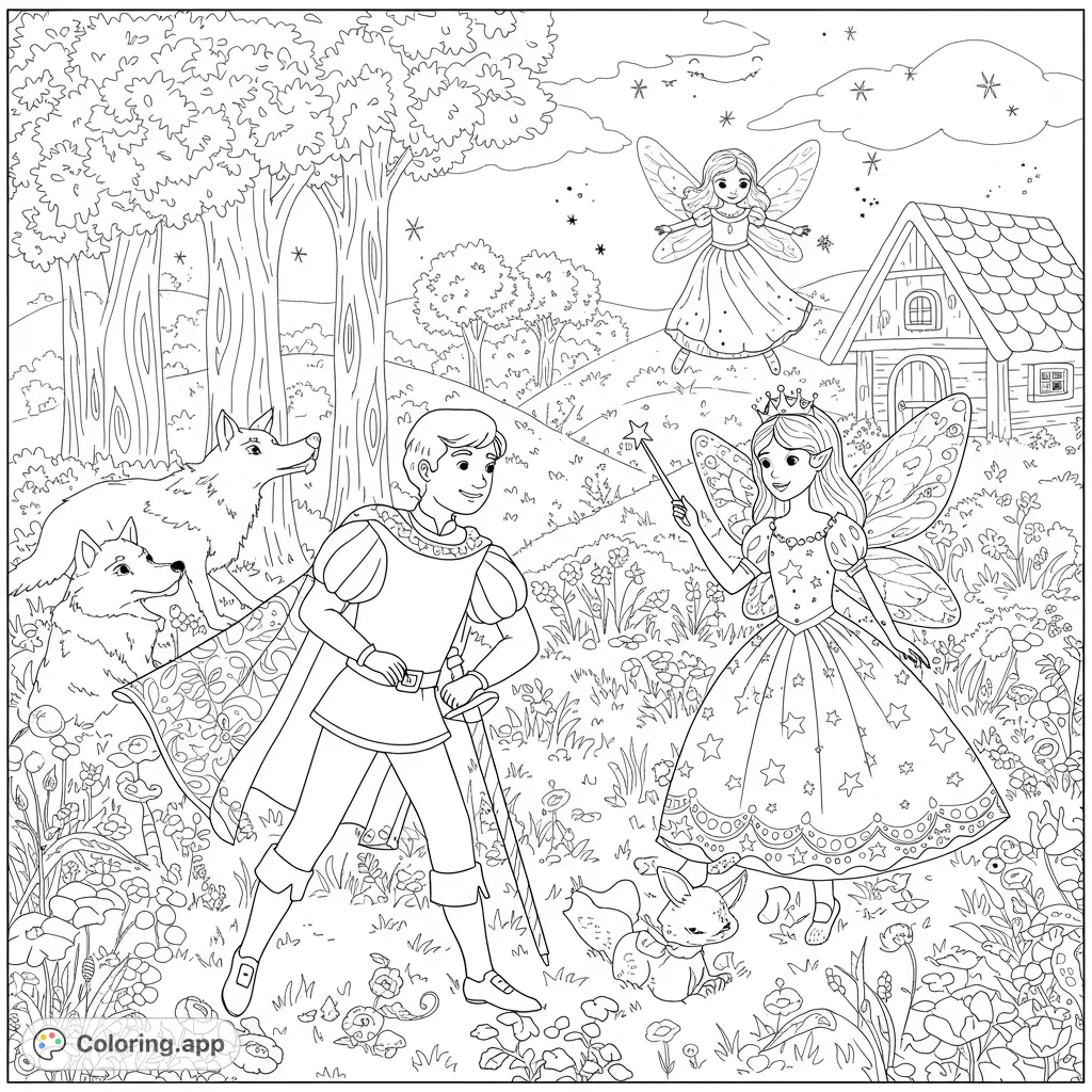 Explore a magical forest with a brave prince, enchanting fairy princess, and whimsical creatures. A delightful fantasy scene for all ages.