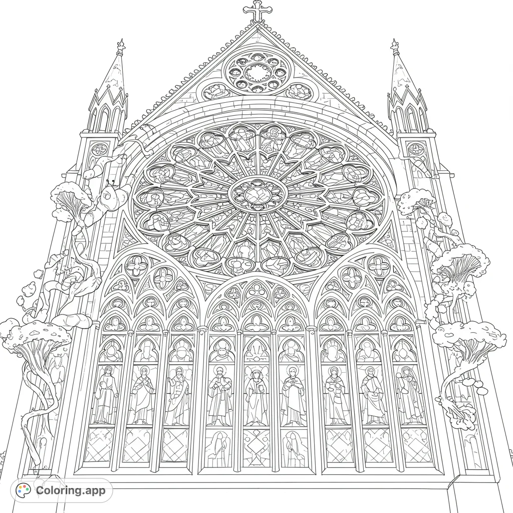 Intricate gothic cathedral facade with a grand rose window, arched stained glass, and whimsical mushroom trees. A detailed architectural fantasy coloring page.