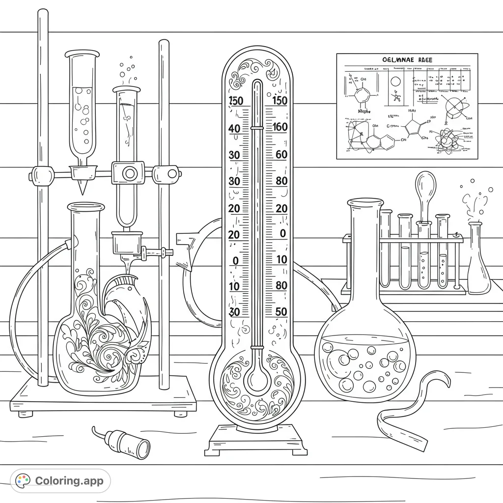 Explore a mystical laboratory with bubbling flasks, ornate instruments, and swirling liquids. A captivating science coloring page for all ages.