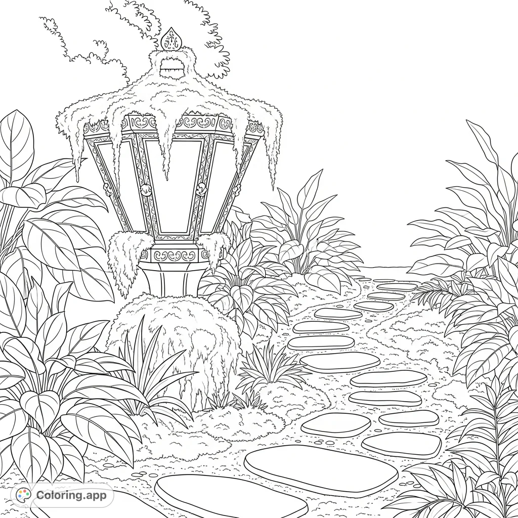 Color a charming garden scene featuring a moss-covered lantern and a winding stone path. Discover intricate details in the lush foliage and serene atmosphere.