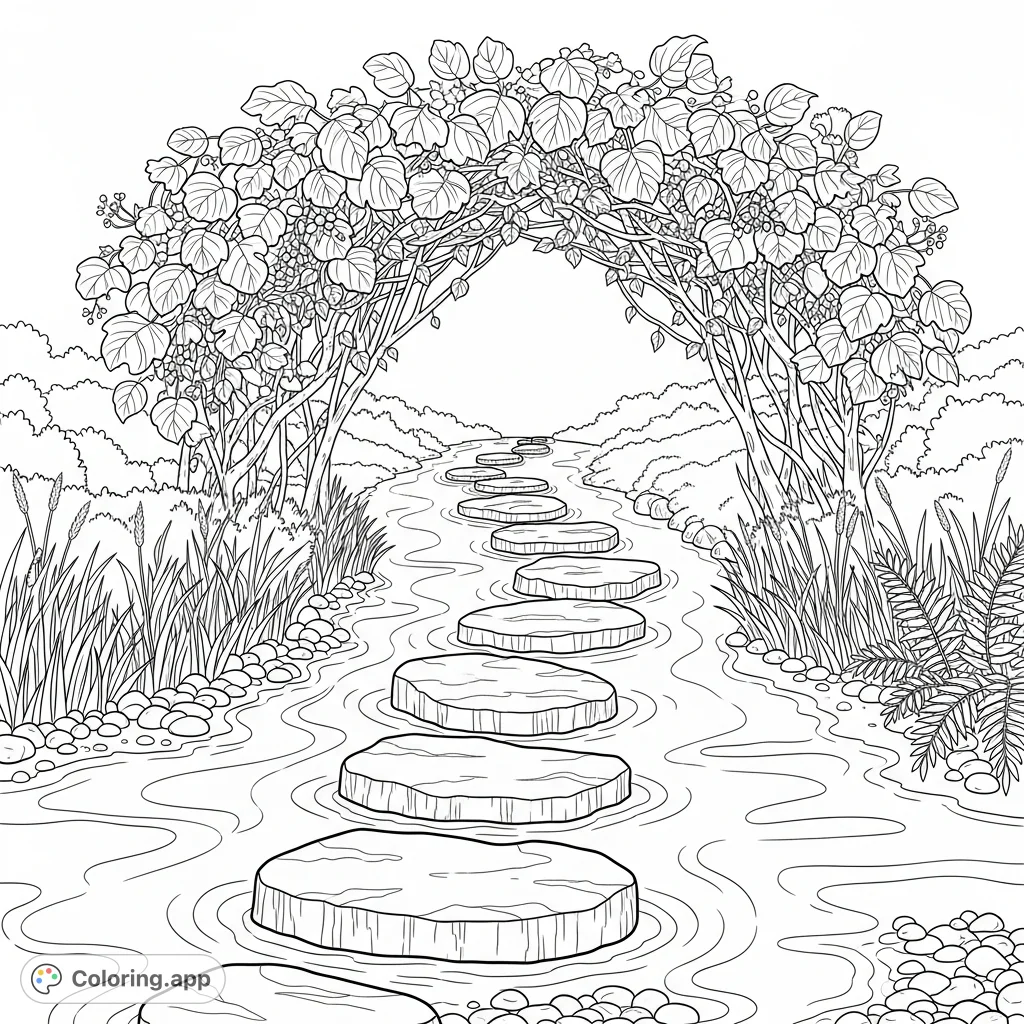 Discover a serene forest scene with a stepping-stone path gracefully crossing a gentle stream, all nestled under a beautiful, dense arch of leaves.