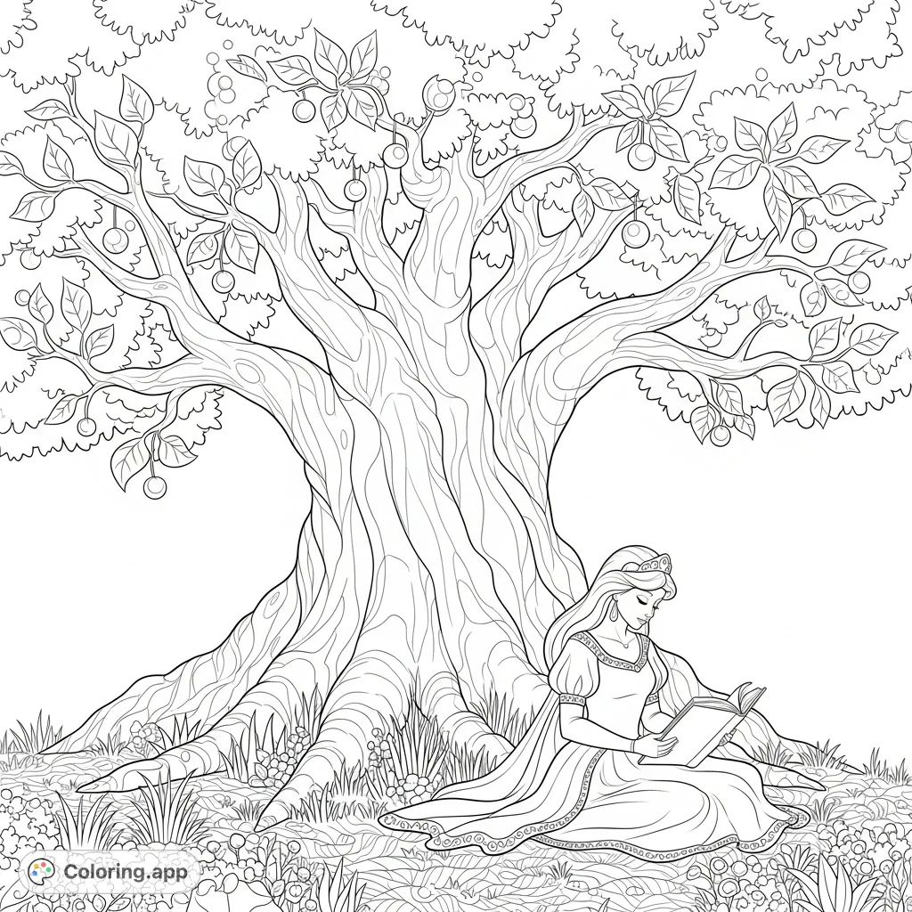 A beautiful princess is engrossed in a book beneath a magnificent, ancient enchanted tree, surrounded by a magical forest scene with whimsical leaves and glowing orbs.