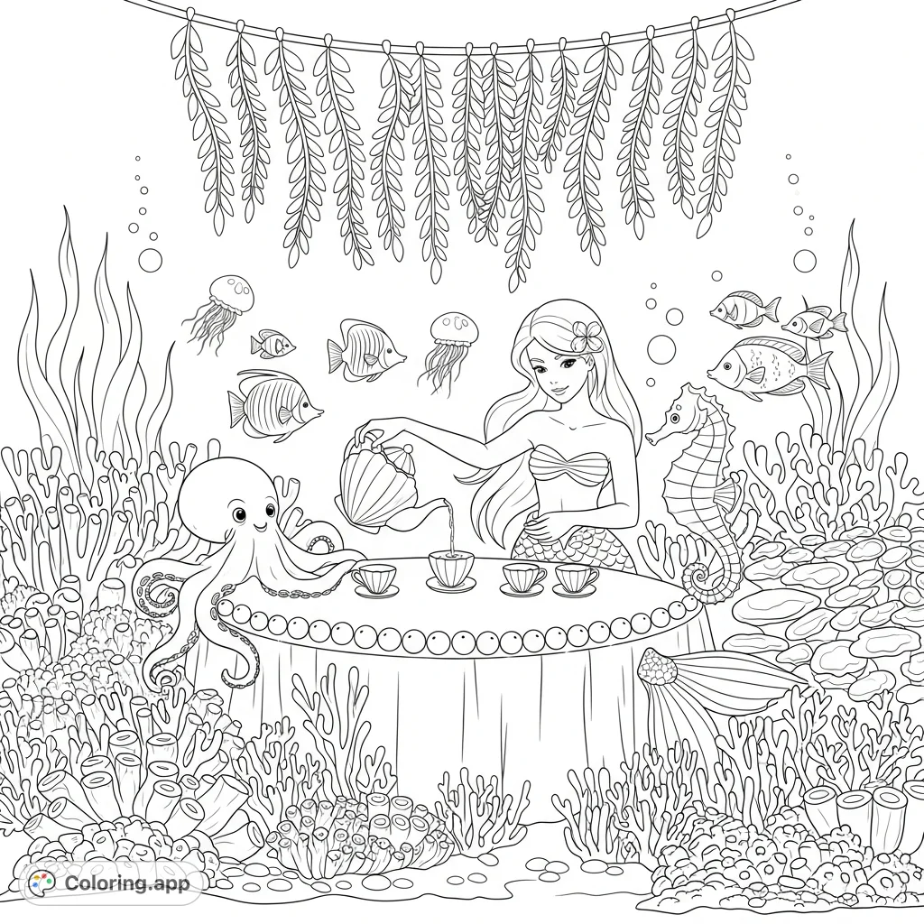 An enchanting mermaid hosts an underwater tea party surrounded by charming sea creatures, delicate seashells, and swaying coral. A delightful scene for creative coloring.