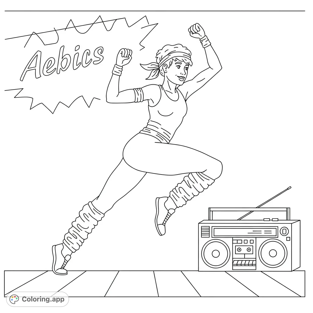 An energetic 80s aerobics coloring page featuring a woman in dynamic pose with a boombox, perfect for a fun, nostalgic workout theme.