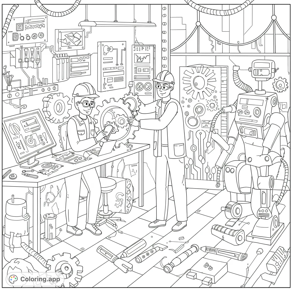 Explore a bustling engineering lab with two engineers, a robot, and intricate machinery. A detailed STEM-themed free printable coloring page for all ages.