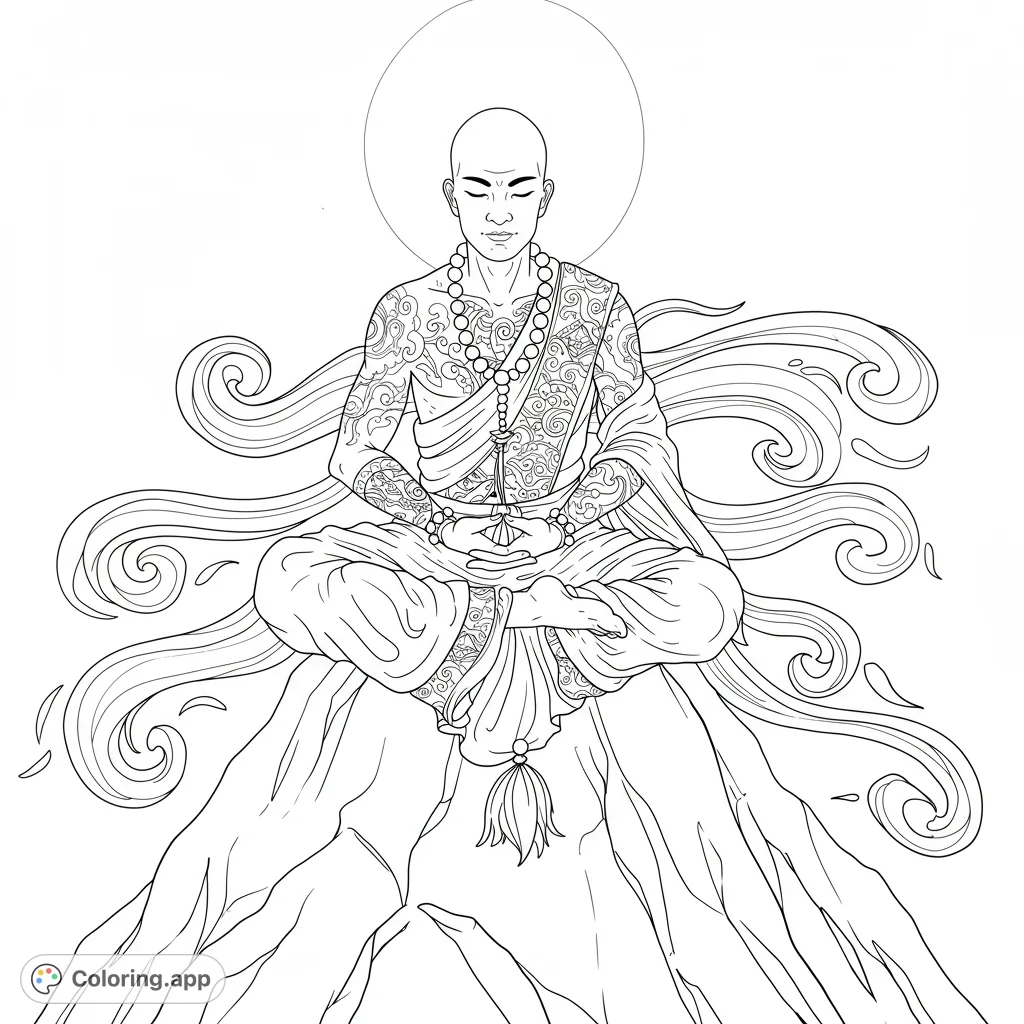 A serene monk in lotus pose, adorned with intricate tattoos and flowing robes, surrounded by swirling spiritual energy. A detailed meditation coloring page.
