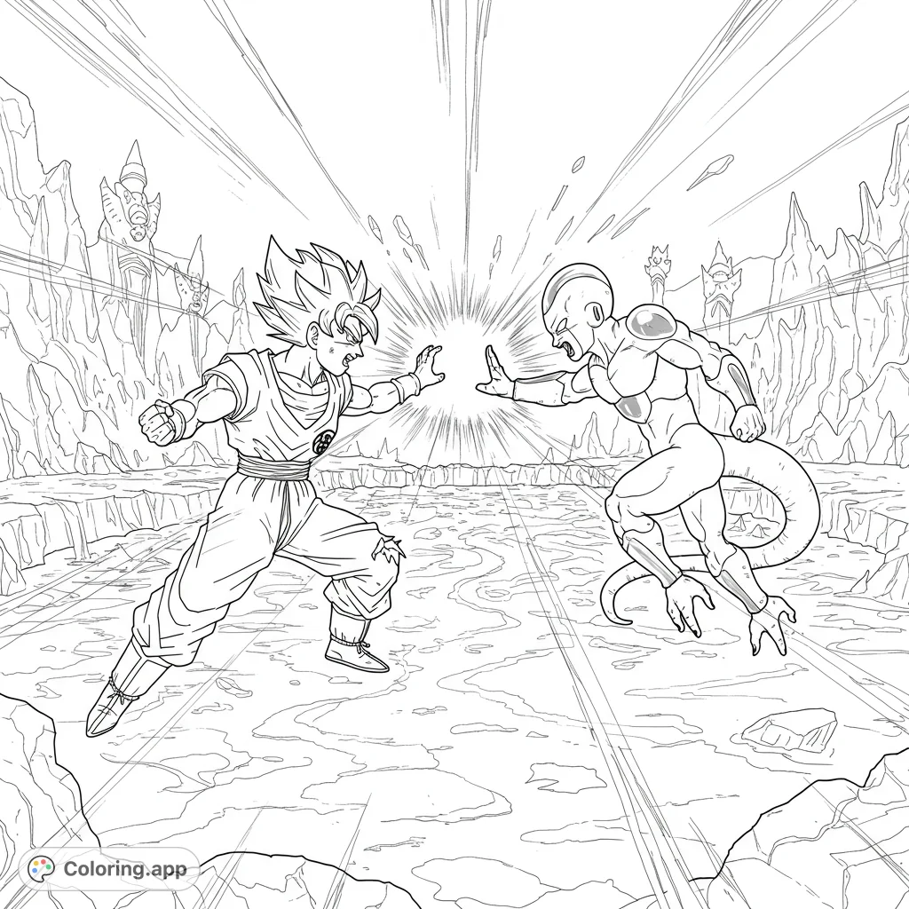 An epic anime fight coloring page featuring two powerful warriors clashing with an energy blast, perfect for fans of action and adventure.