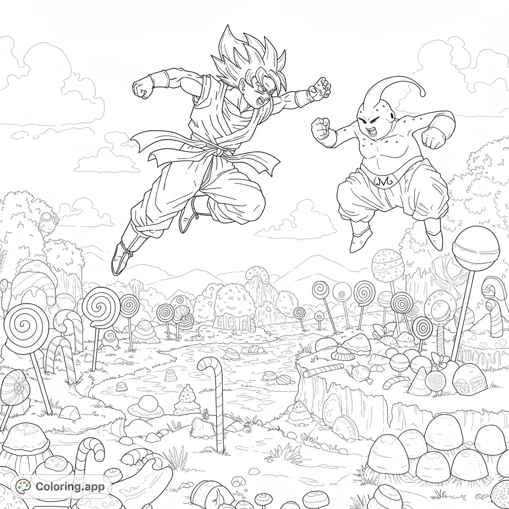 Epic Super Saiyan Goku vs. Majin Buu battle in a whimsical candy land!