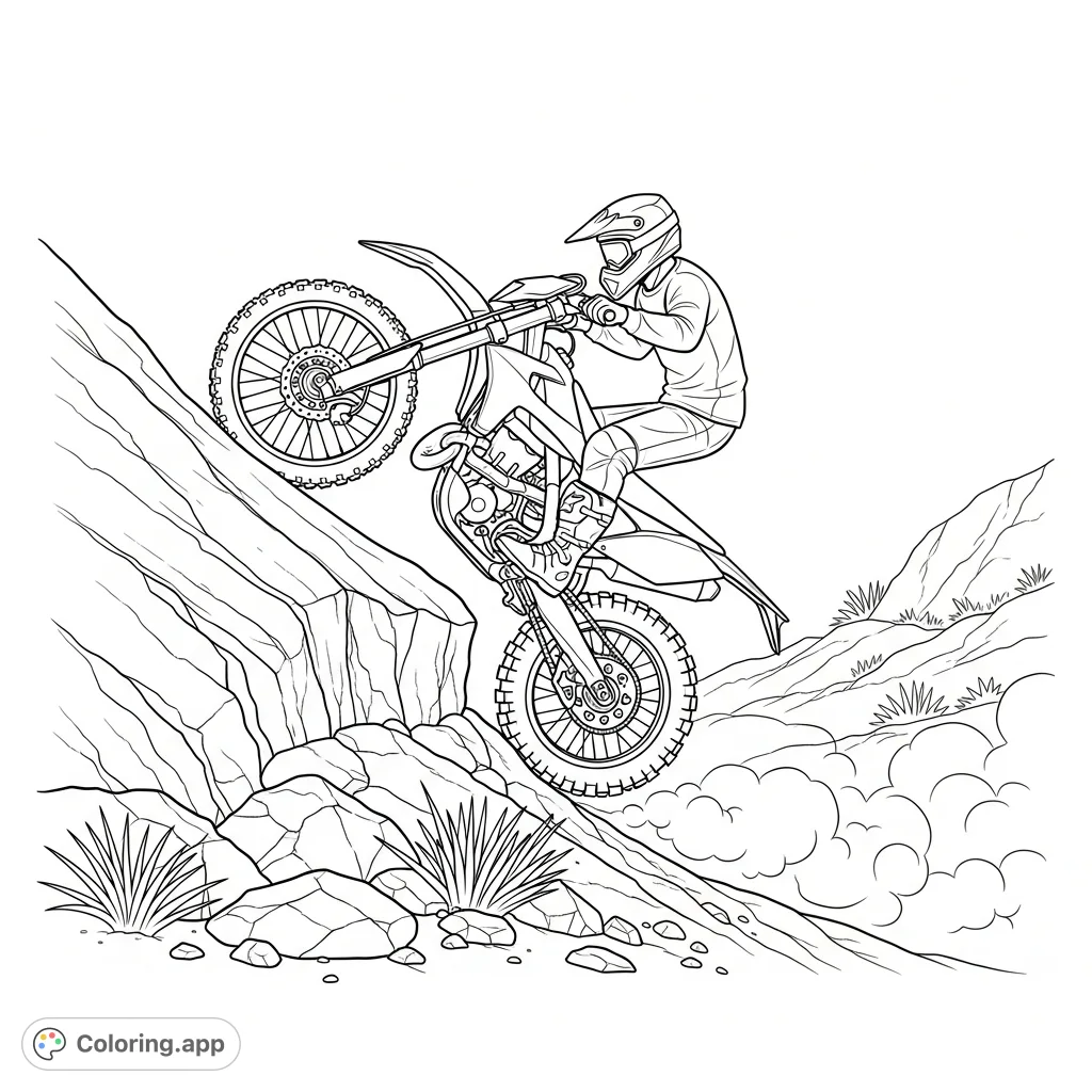 Dynamic coloring page featuring a dirt bike heroically ascending a massive rock, with detailed suspension and rugged terrain, inviting a thrill.